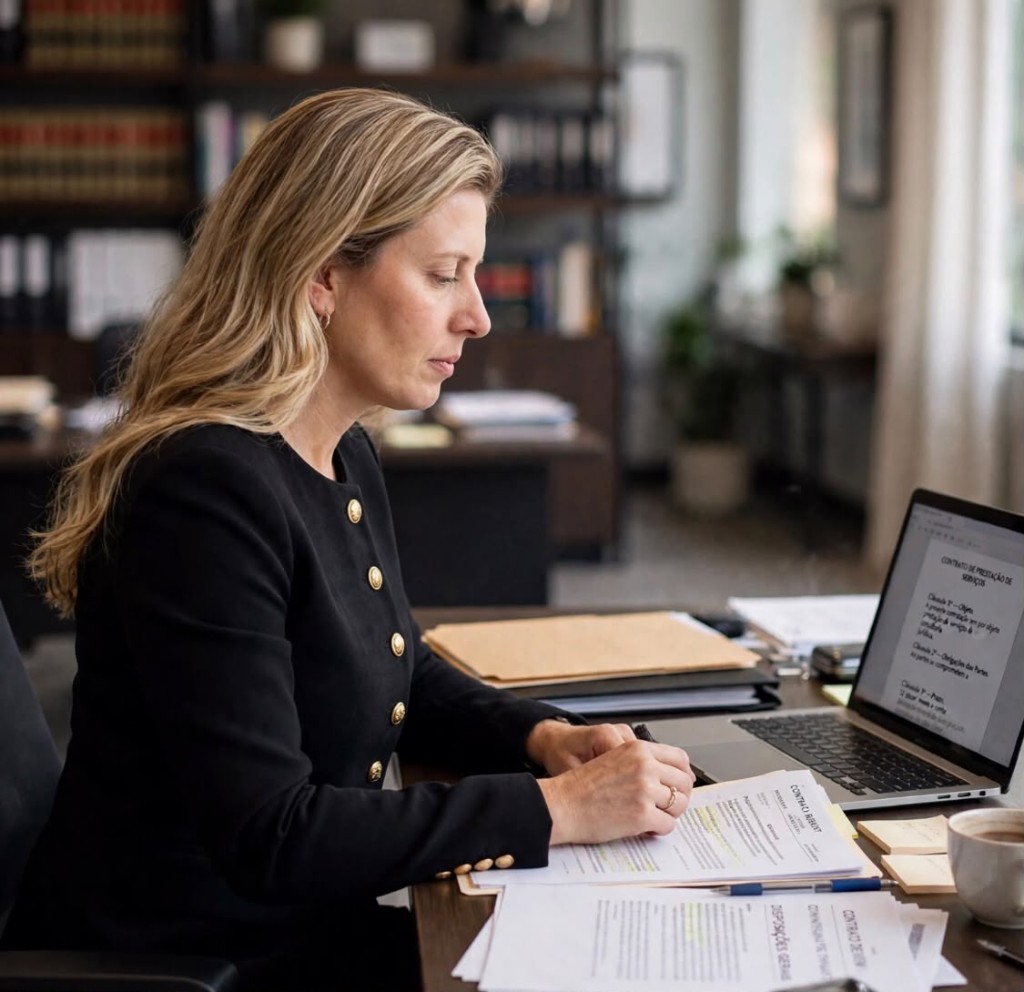 Viviane Melasso Tambellini no escritório, analisando documentos e contratos jurídicos.